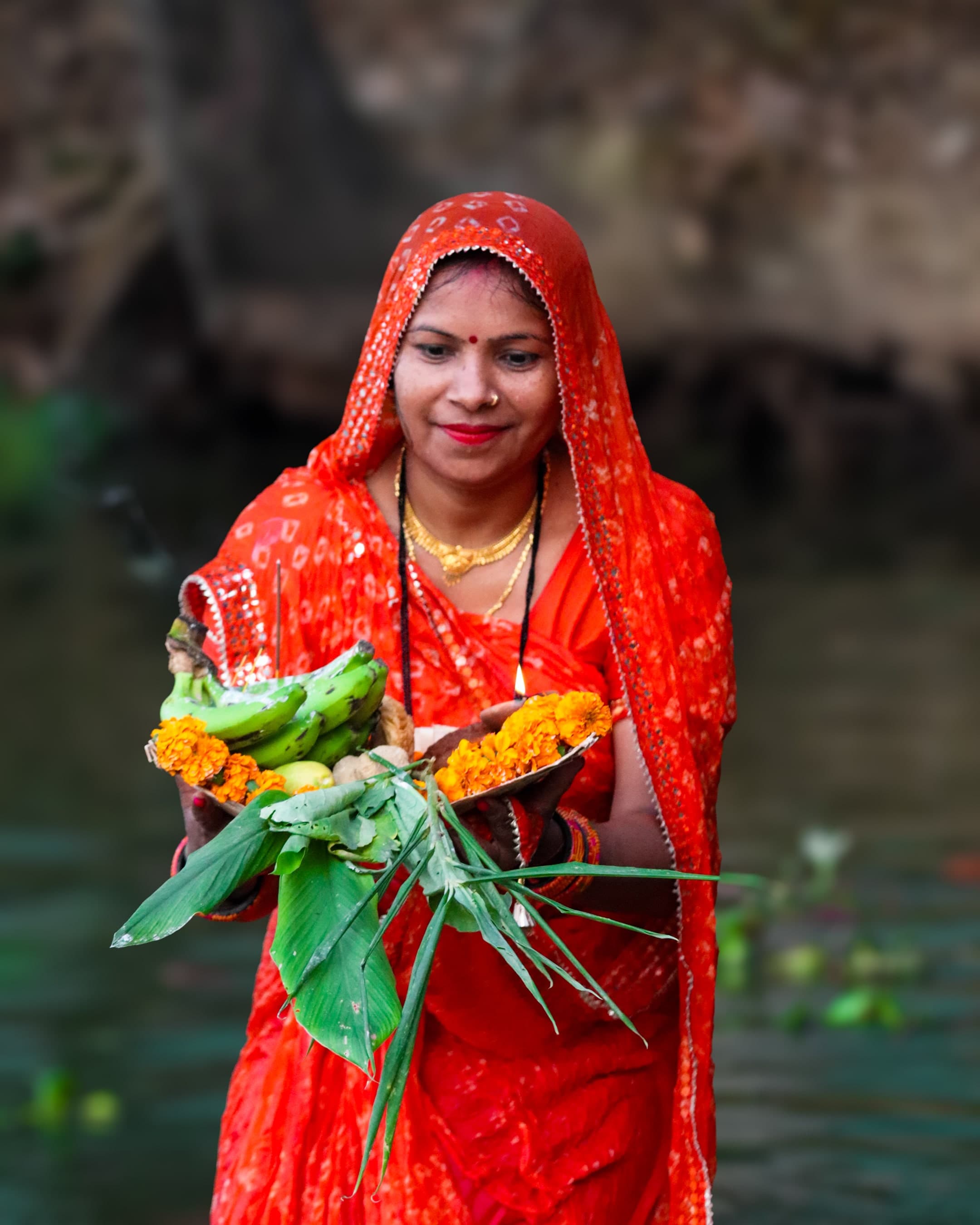 Offering fruits to goddess during Chhath festival