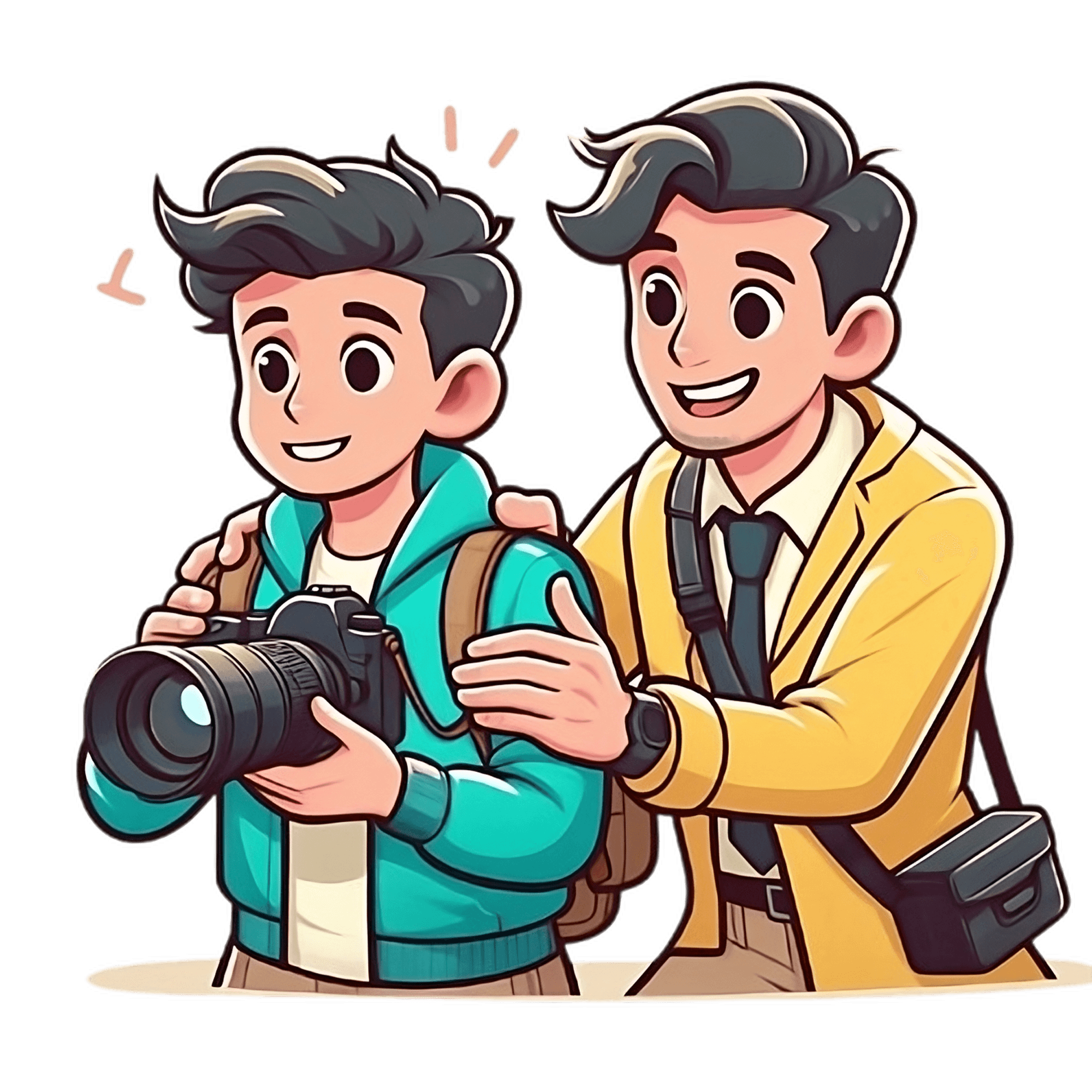 Image of two people sharing camera and teaching each other